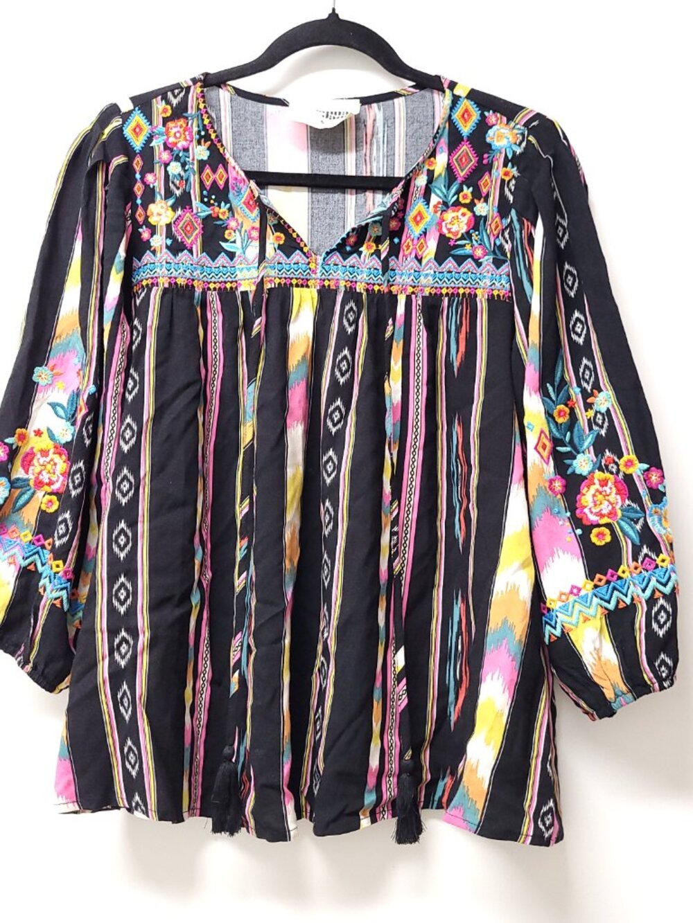 Savanna Jane Womens Embroidered 3/4 Sleeve Blouse Size S Boho Multicolor